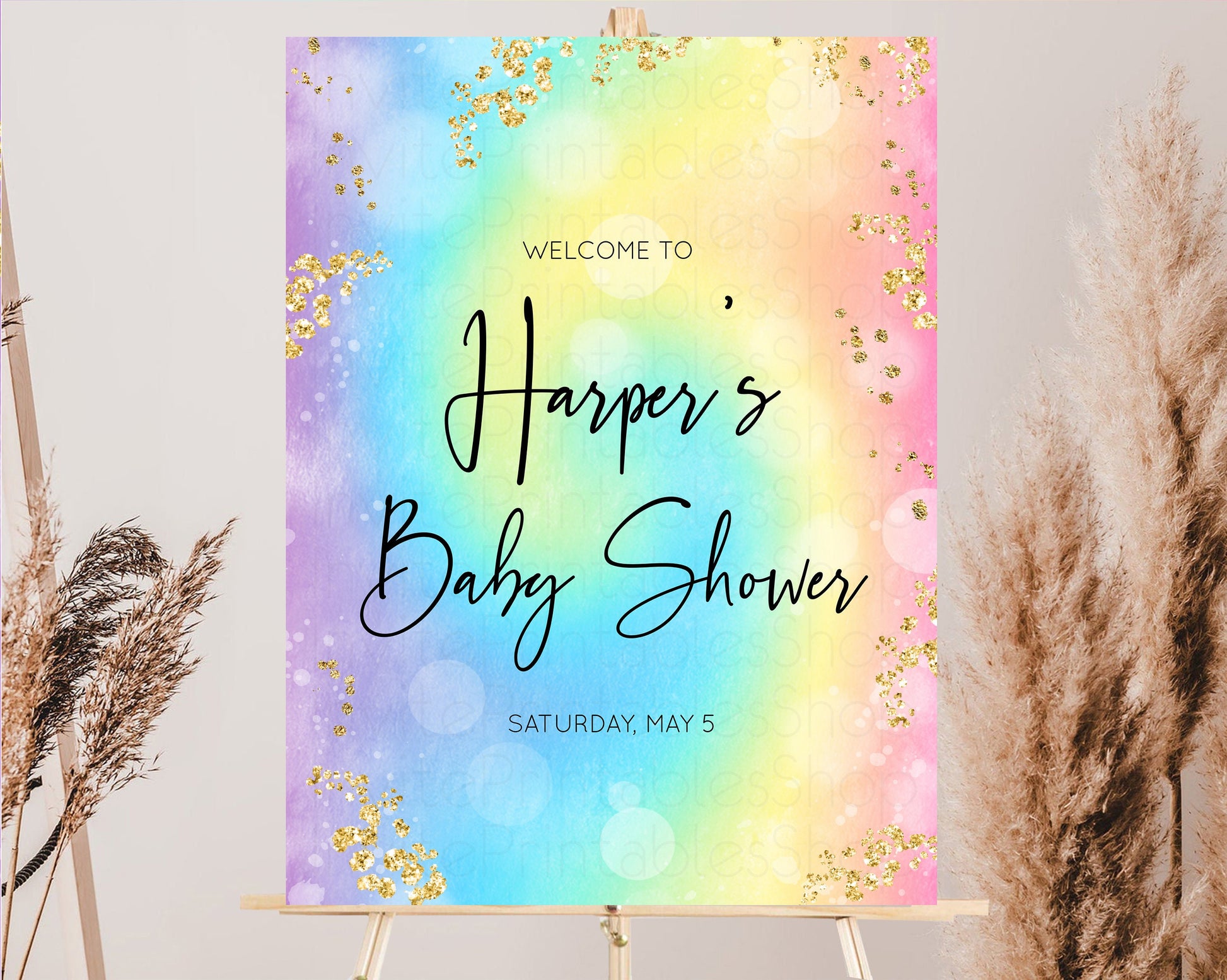 Editable Rainbow Welcome Board Pastel Rainbow Baby Shower Colorful Glitter S