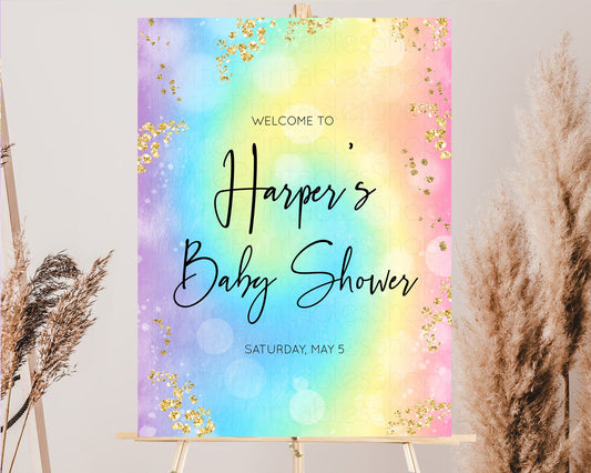 Editable Rainbow Welcome Board Pastel Rainbow Baby Shower Colorful Glitter S