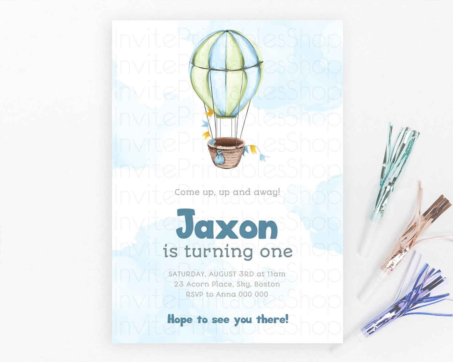 Hot Air Balloon Birthday Invitation Hot Air Balloon Invites Adventure Awaits Up Up & Away Glitter Blue Watercolor 1st Birthday Boy D10661