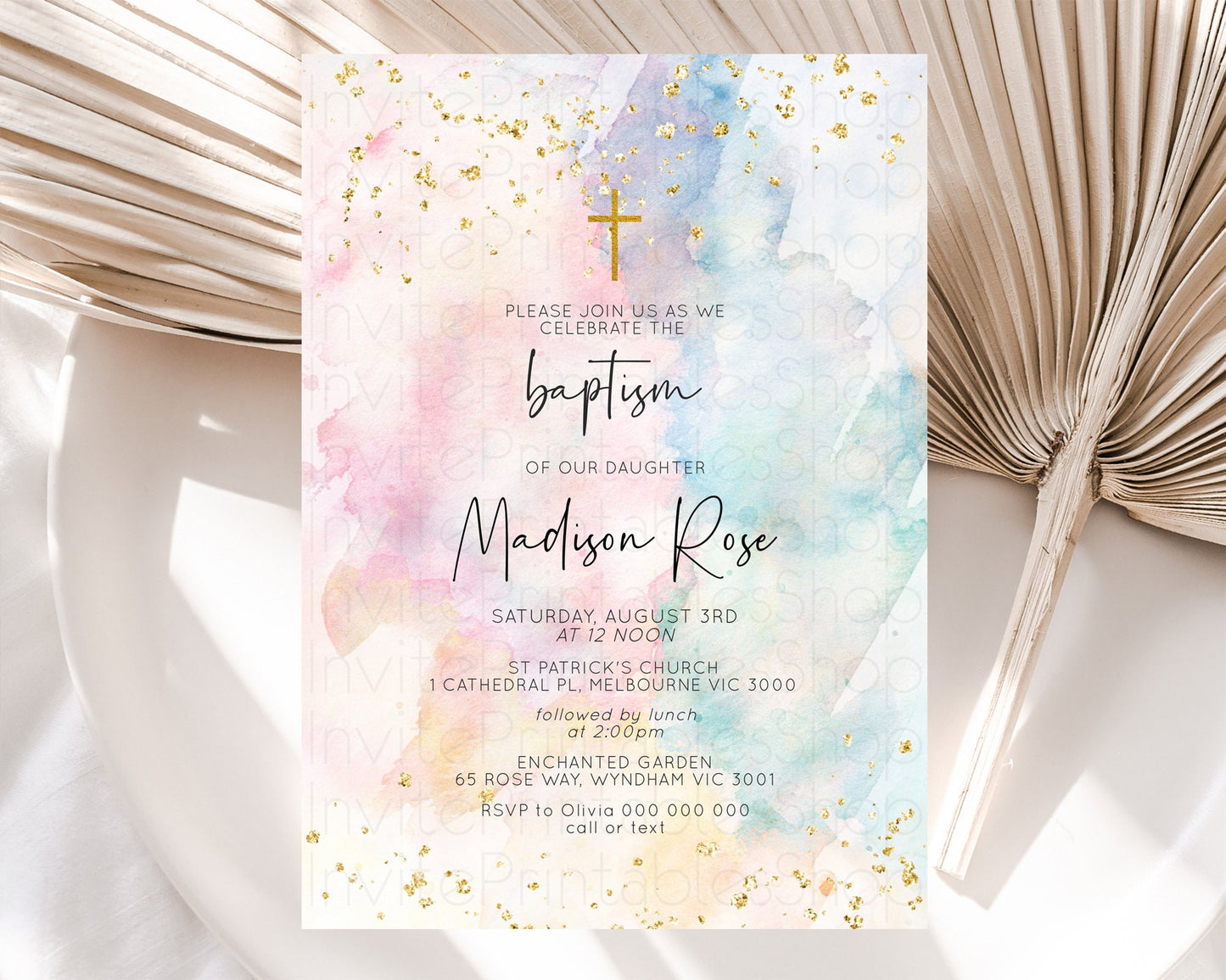 Pastel Baptism Invitation Pastel Colors Watercolor Baptism 1st Birthday Party Gold Ombre Pastel Rainbow Christening Holy Communion D10263