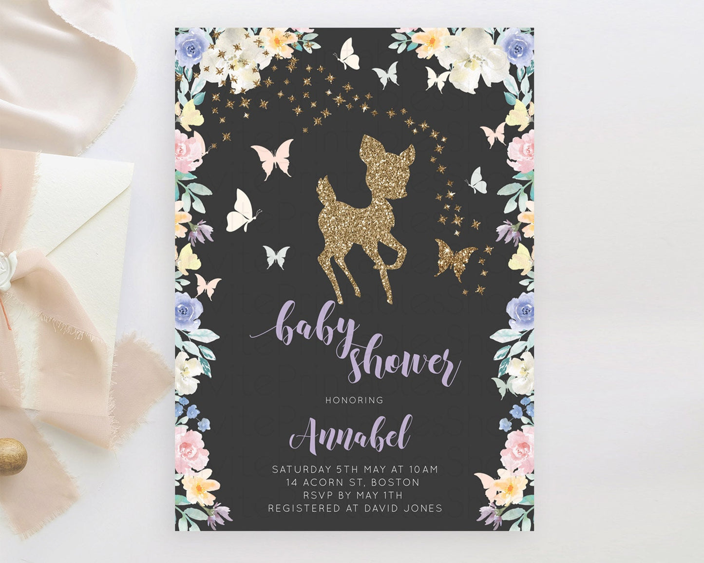 Fawn Baby Shower Invitation Deer Baby Shower Invites Enchanted Forest Theme Butterfly Pastel Flowers Whimsical Baby Shower D10880