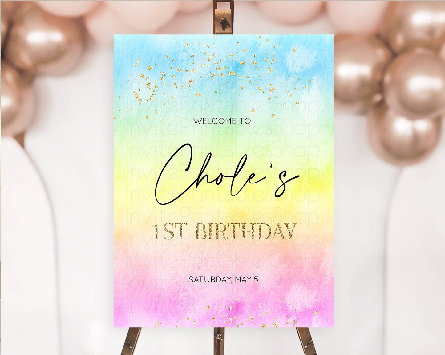 Pastel Welcome Sign Pastel Rainbow Welcome Sign Colorful Rainbow Confetti Watercolor Glitter Pastel First Birthday Welcome Sign D10483