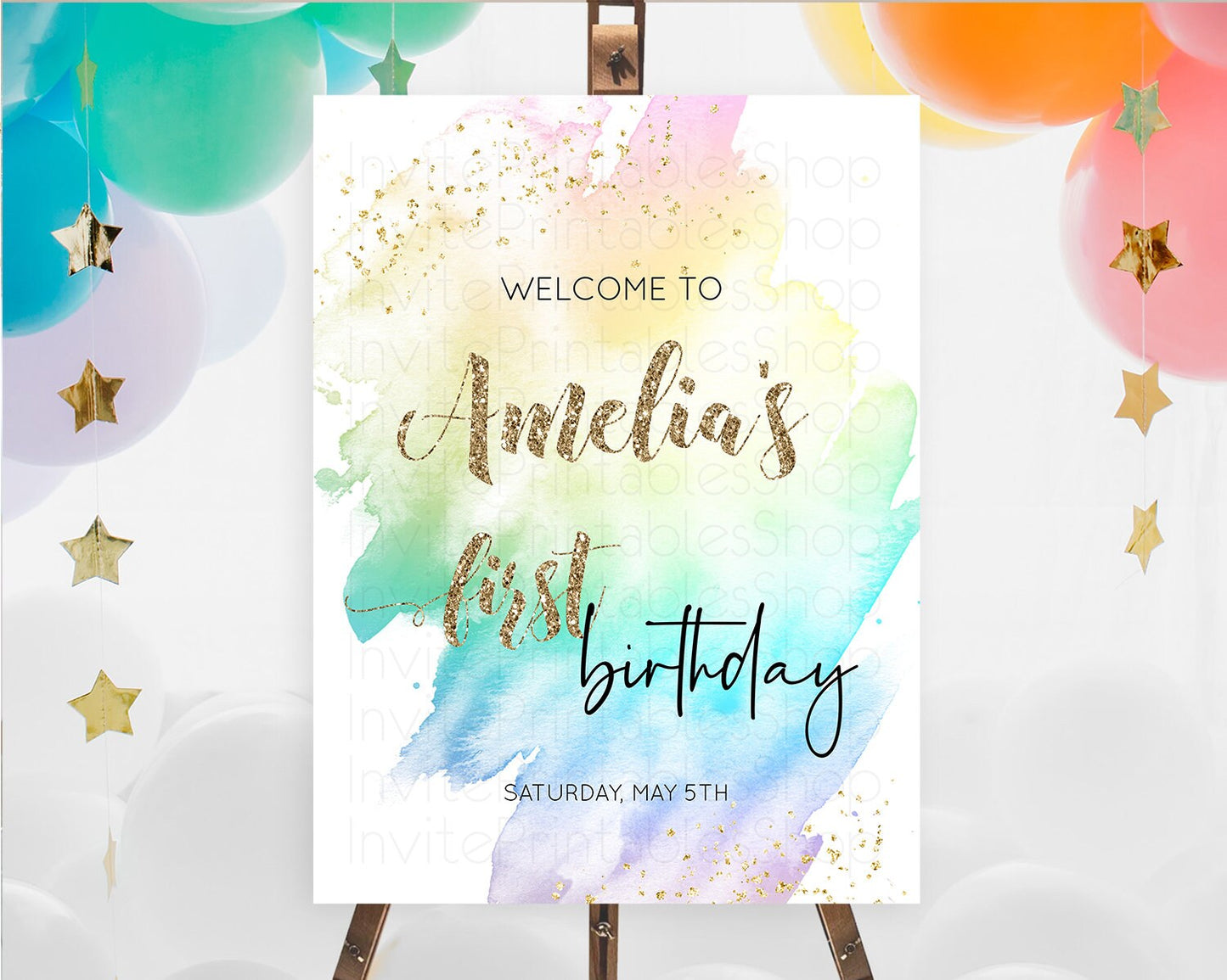 Pastel Welcome Sign Pastel Rainbow Welcome Sign Colorful Rainbow Confetti Watercolor Glitter Pastel First Birthday Welcome Sign D10259