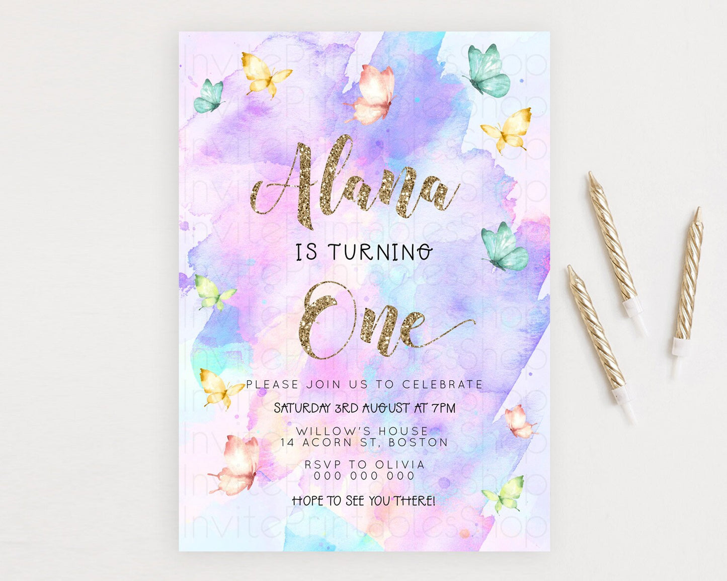 Pastel Butterfly Birthday Invitation Butterfly Birthday Invitation Colorful Splash Glitter Butterfly Garden 1st 2nd Birthday D23252