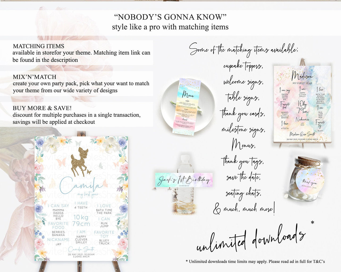 Fawn First Birthday Milestone Board Deer First Birthday Milestone Poster Enchanted Forest Butterfly Pastel Flowers 1st Birthday Sign D10878