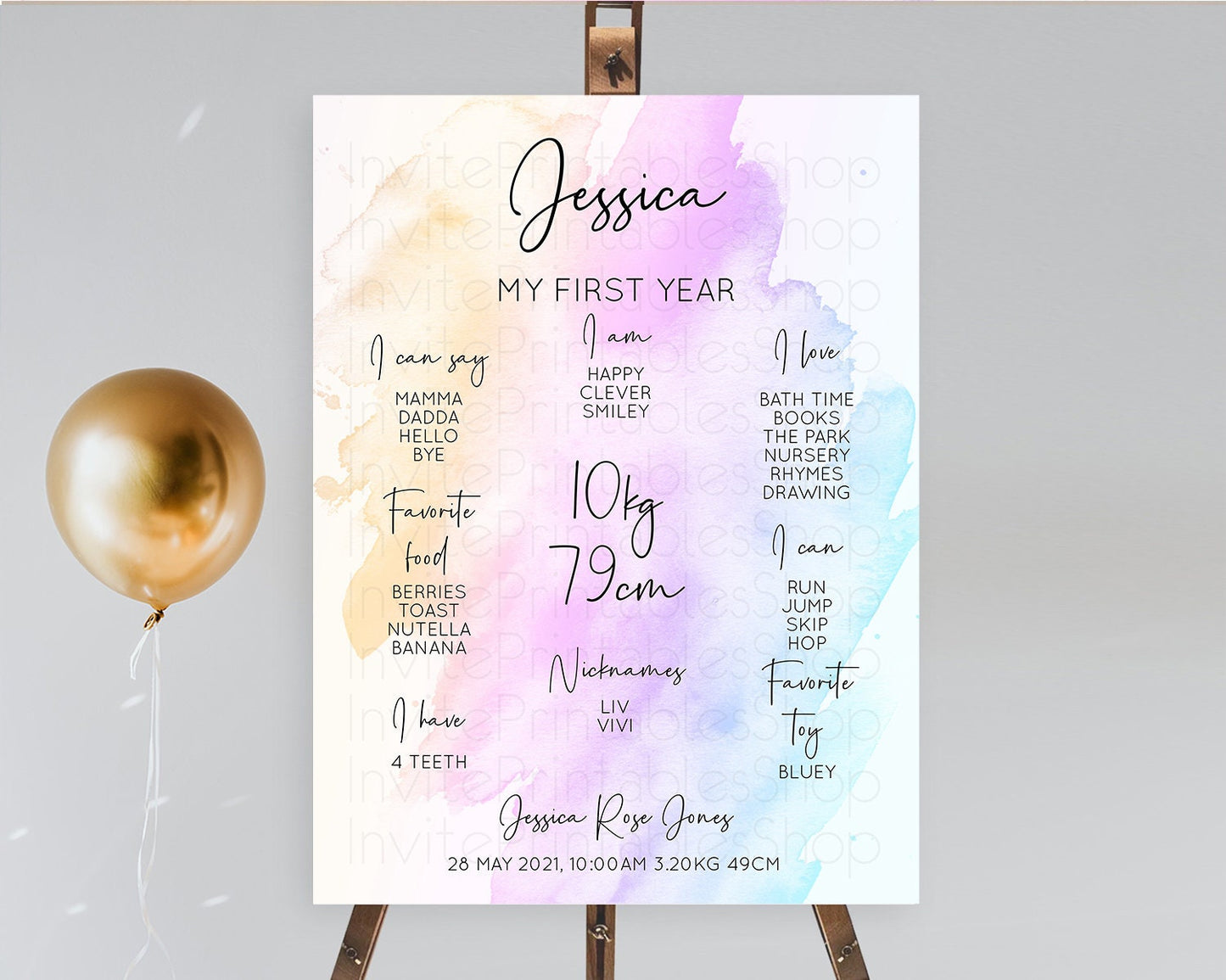 Pastel First Birthday Milestone Board Pastel Rainbow Milestone Poster Colorful Confetti Watercolor Glitter 1st Birthday Welcome Sign D10177