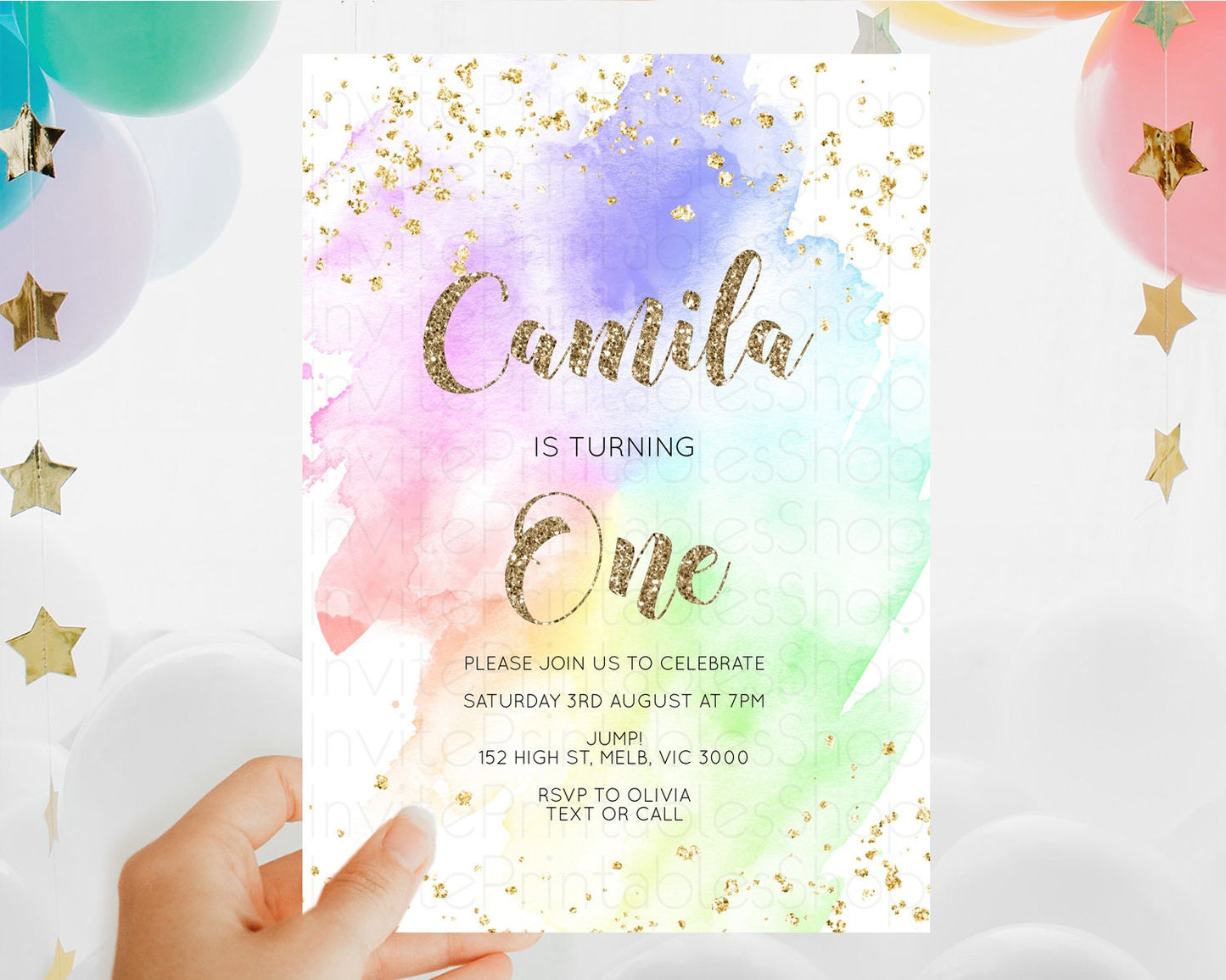 Rainbow Birthday Invitation Colorful Pastel Watercolor Invitation Gold Glitter Sprinkles Ombre Pastel 1st 2nd 3rd Birthday D10319