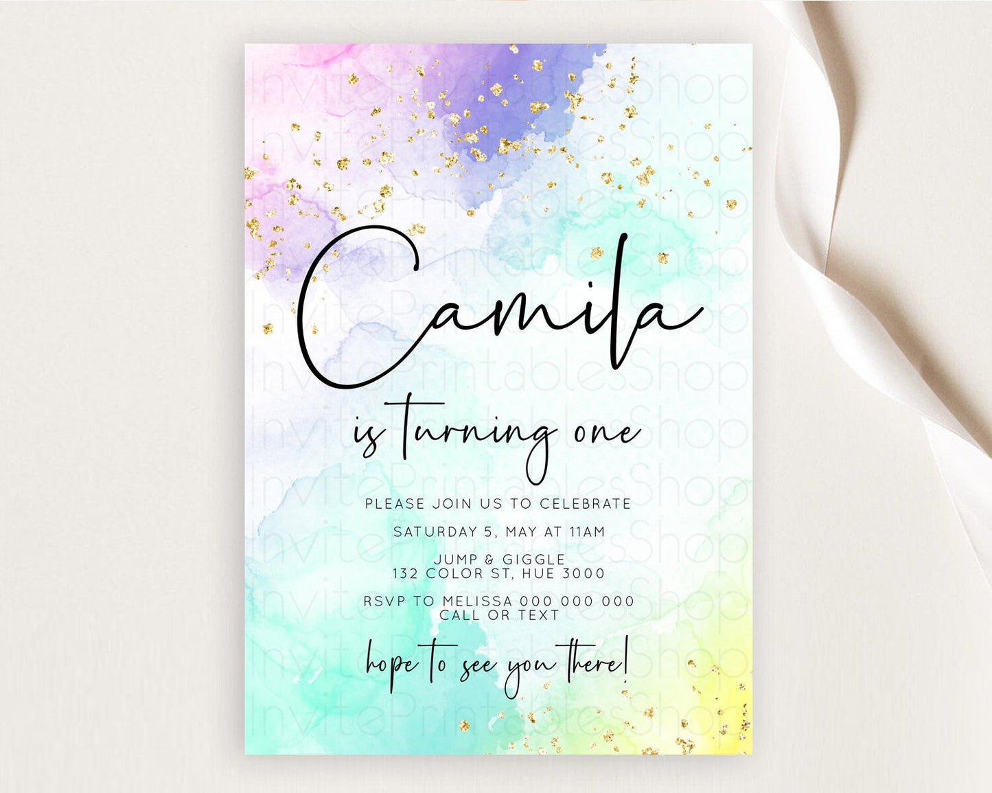 Rainbow Birthday Invitation Colorful Pastel Watercolor Invitation Gold Glitter Sprinkles Ombre Pastel 1st 2nd 3rd Birthday D10158