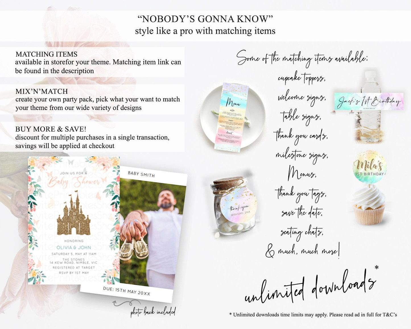 Princess Baby Shower Invitation, Enchanted Castle, Fairy Garden, Pastel Green, Orange, Pink Floral, Butterflies - Glitter Pixie Magic D10925