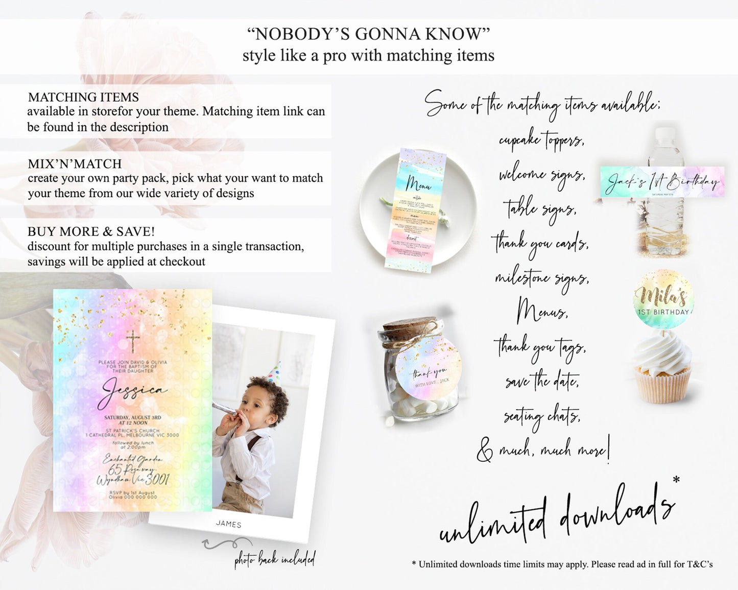 Pastel Baptism Invitation Pastel Colors Watercolor Baptism 1st Birthday Party Gold Ombre Pastel Rainbow Christening Holy Communion D10647