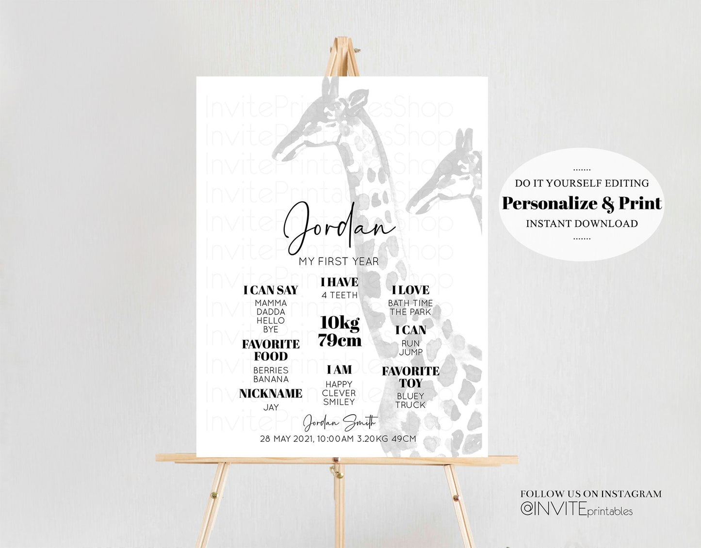 Giraffe Baby Milestone Board First Birthday Poster Welcome Board 1st Birthday Baby Keepsake Sign Modern Jungle African Safari Wild Party