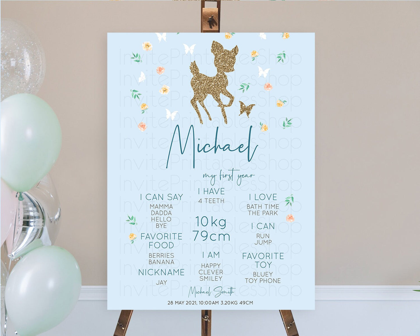 Fawn First Birthday Milestone Board Deer First Birthday Milestone Poster Enchanted Forest Butterfly Pastel Flowers 1st Birthday Sign D10902