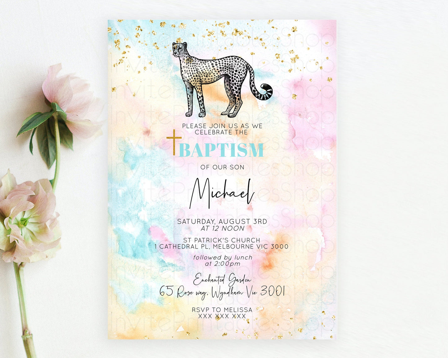 Cheetah Baptism Invitation Cheetah Baptism 1st Birthday Invitation Cheetah Pastel Watercolor Christening Invitation Rainbow Cheetah D10289