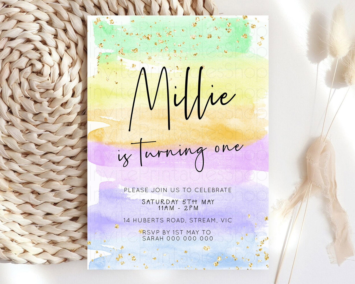 Pastel Birthday Invitation Ombre Watercolor Birthday Invitation Glitter Rainbow Color Splash 1st 2nd 3rd Birthday Invitation D23044