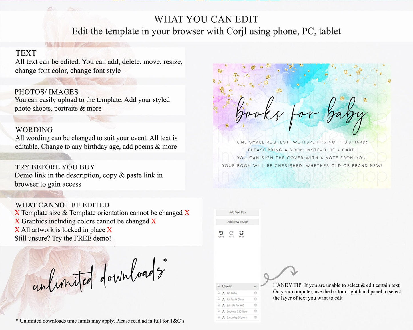 Pastel Books For Baby Card Pastel Rainbow Book Insert Colorful Ombre Watercolor Book Card Confetti Glitter Baby Book Poem Request D10771