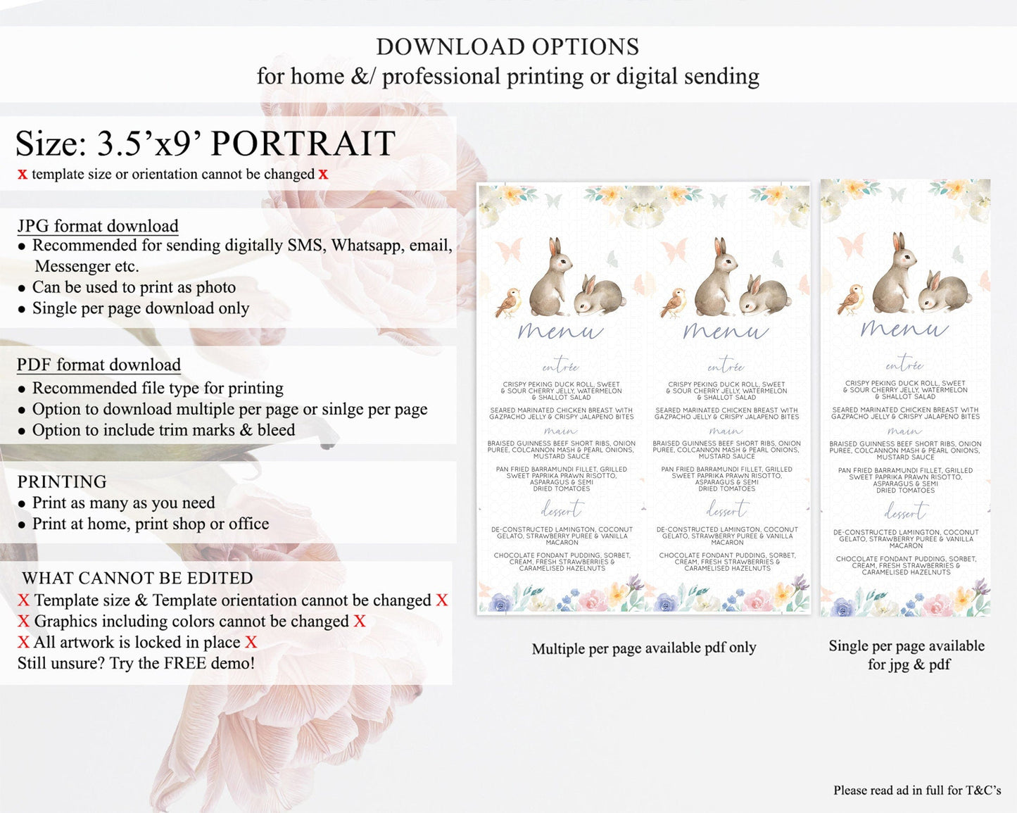 Bunny Menu Floral Bunny Menu Template Pastel Flowers Bunny Table Decor Secret Garden Bunny Dinner Dessert Menu Party Food Menu D10928