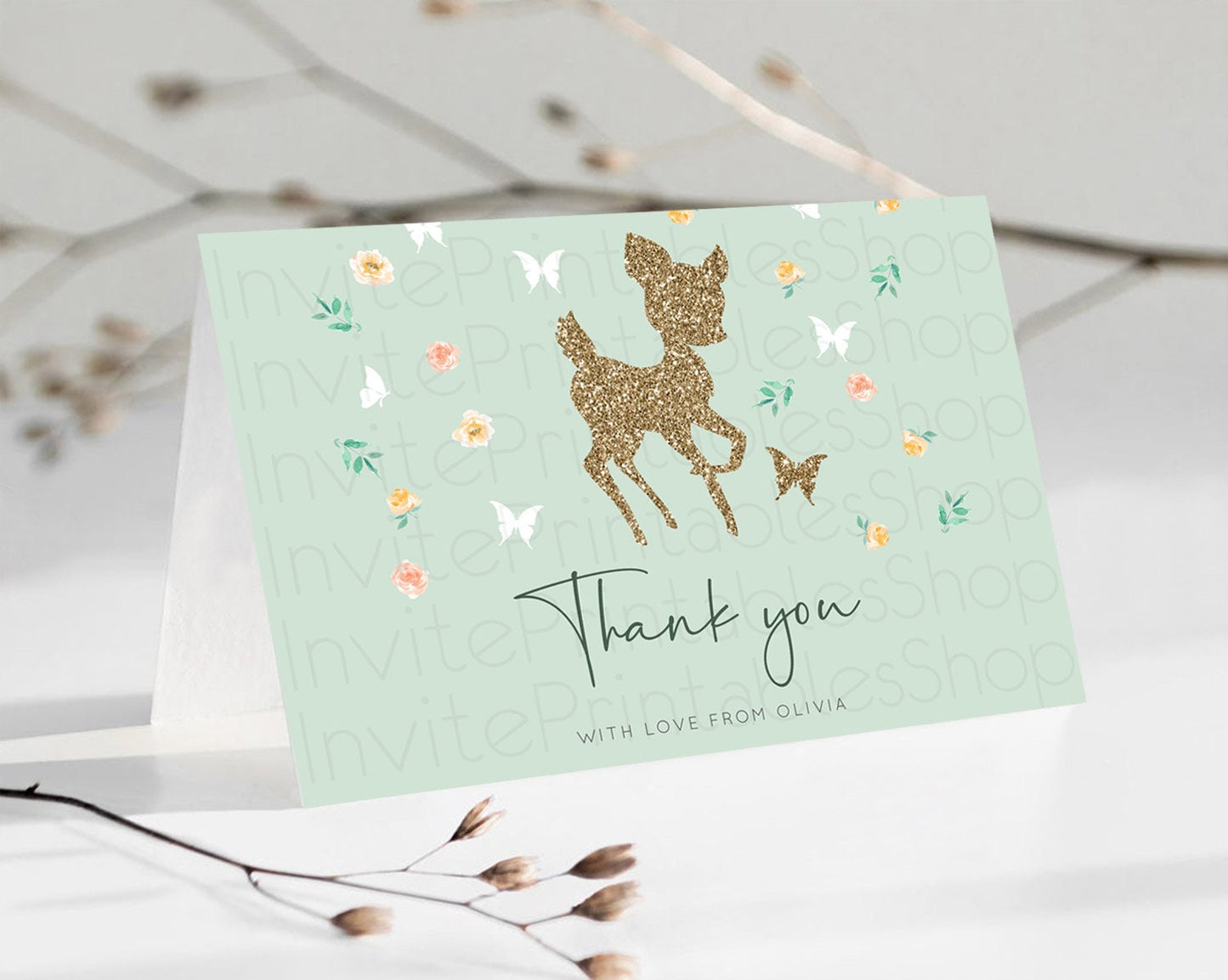 Fawn Thank You Deer Thank You Card Pastel Floral Deer Birthday Thank You Card Enchanted Forest Butterfly Deer Teacher Thank You Card D10385