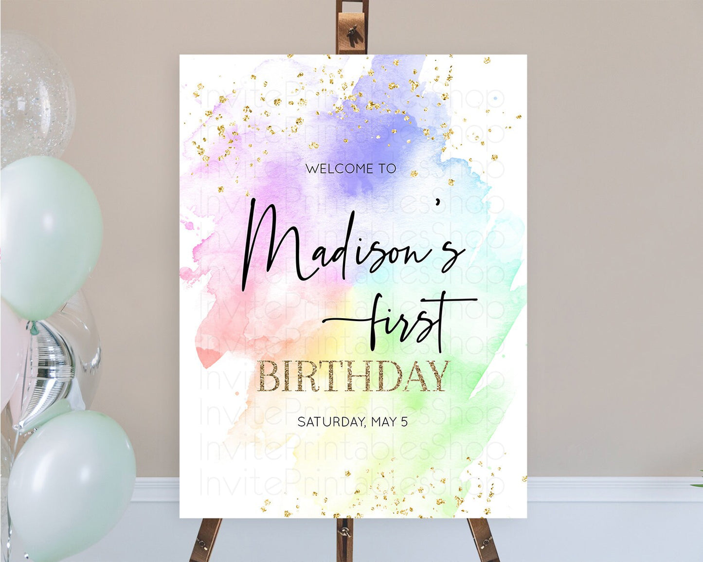 Pastel Welcome Sign Pastel Rainbow Welcome Sign Colorful Rainbow Confetti Watercolor Glitter Pastel First Birthday Welcome Sign D10316