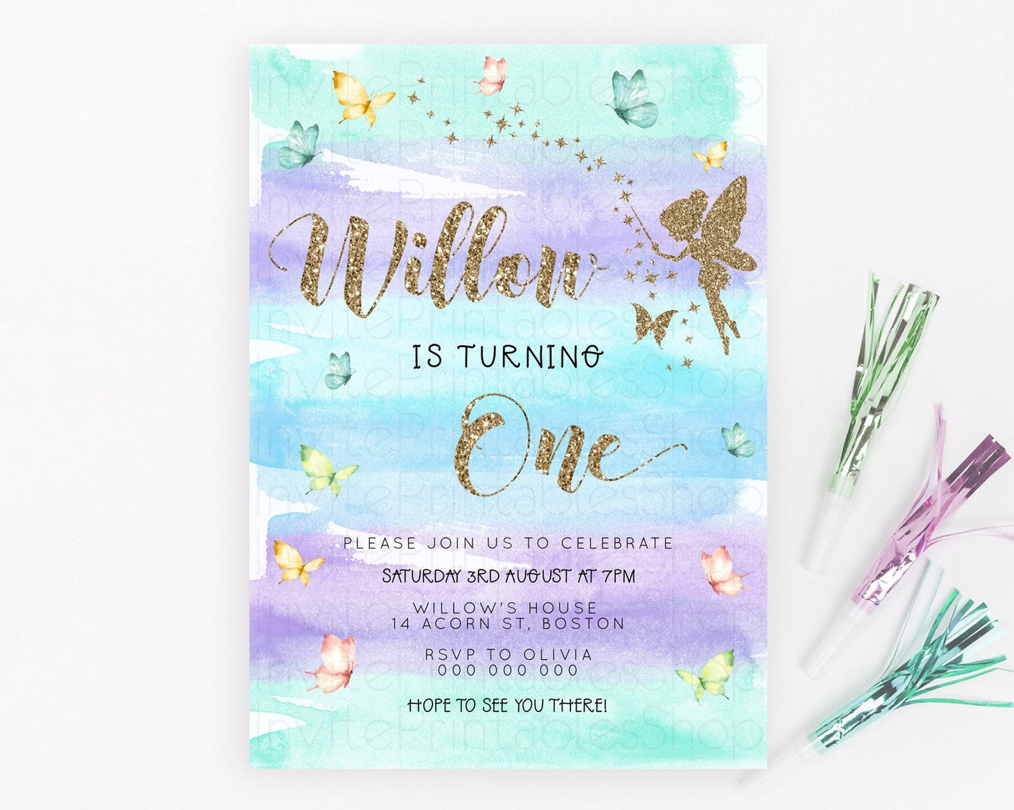 Pastel Fairy Birthday Invitation Pastel Butterflies Fairy Birthday Invitation Rainbow Ombre Watercolor 1st 2nd Birthday Invitation D23317