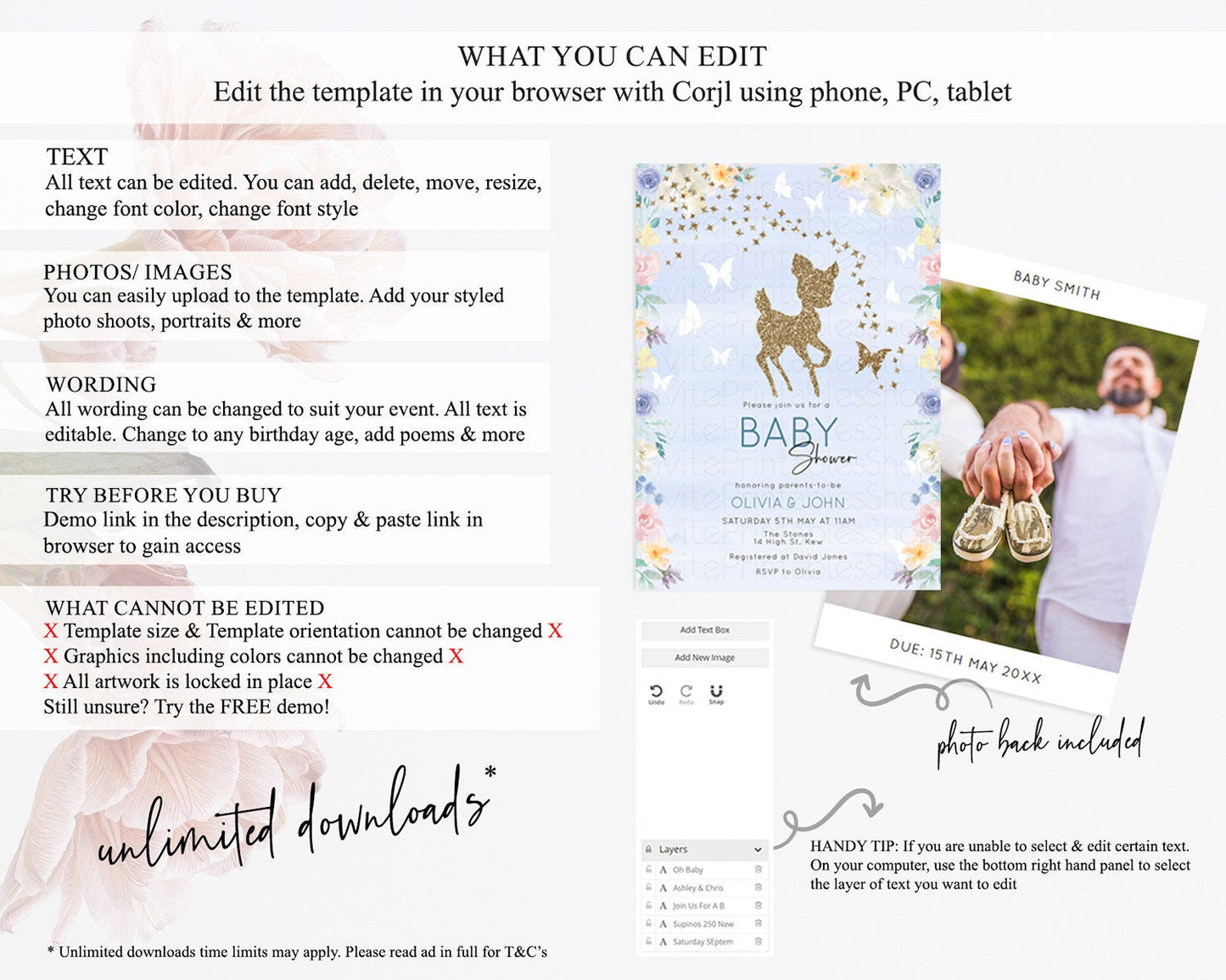 Deer Baby Shower Invitation, Enchanted Forest, Secret Garden, Butterfly, Whimsical Pastel Flowers - Blue Watercolor, Pink, Yellow D10879