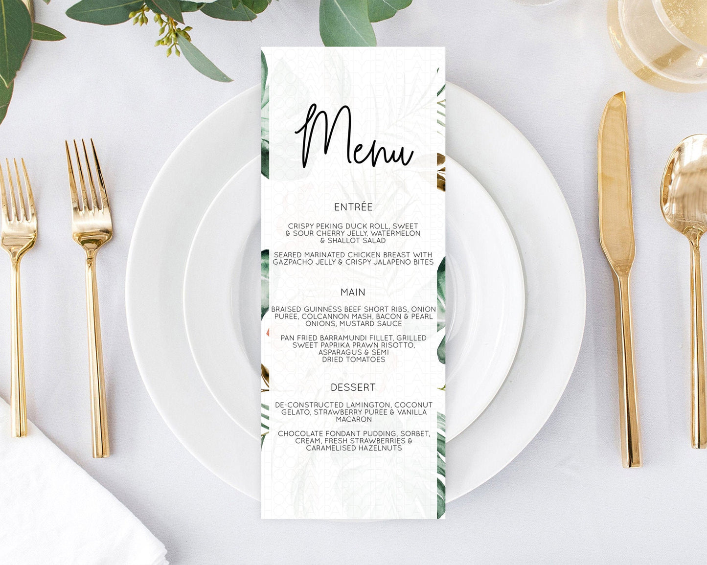 Tropical Menu Template Tropical Menu Palm Leaf Fern Table Decor Frangipani Floral White Orchid Dinner Dessert Menu Party Food Menu D11053