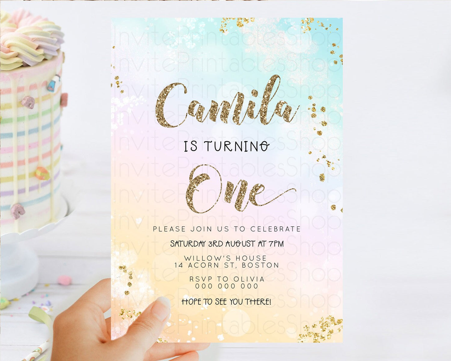 Rainbow Birthday Invitation Colorful Pastel Watercolor Invitation Gold Glitter Sprinkles Ombre Pastel 1st 2nd 3rd Birthday D23116