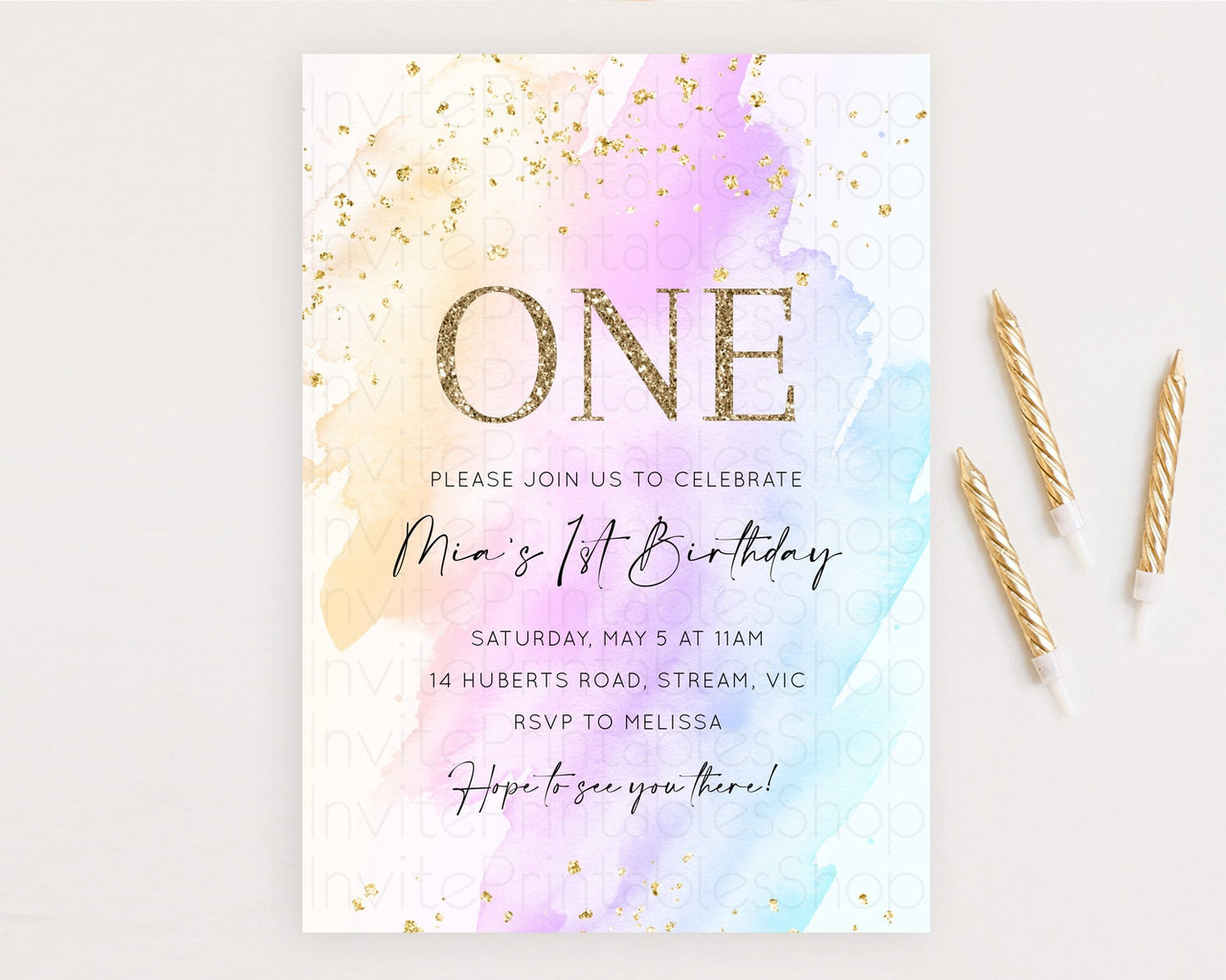 Rainbow Birthday Invitation Colorful Pastel Watercolor Invitation Gold Glitter Sprinkles Ombre Pastel 1st 2nd 3rd Birthday D10175