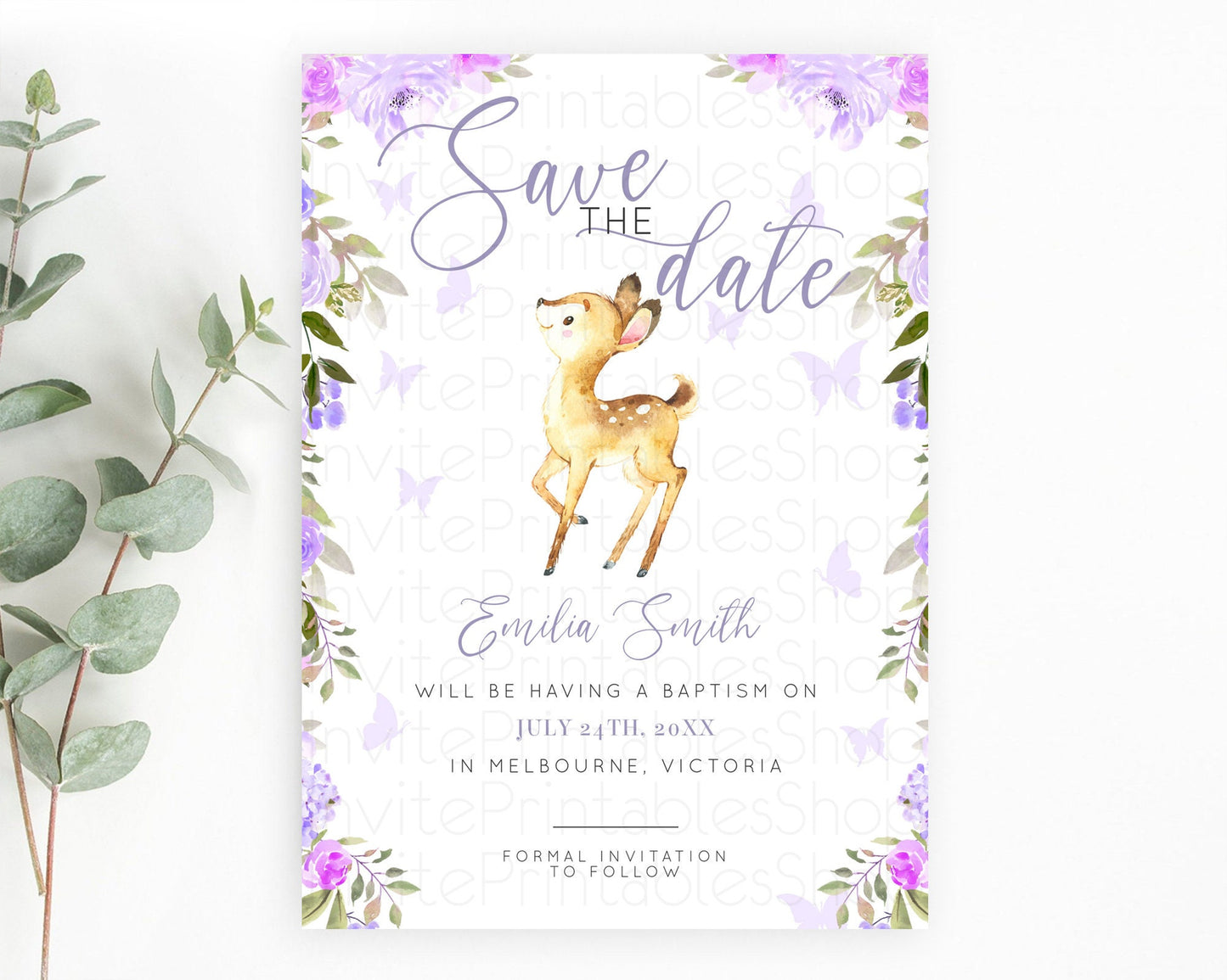 Fawn Deer Save The Date Template Pastel Floral Deer Enchanted Forest Butterfly Party 1st Birthday Baptism Baby Shower Bridal Shower D10916