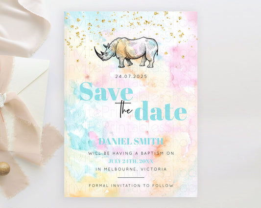 Editable Pastel Rhino Save The Date Template Rainbow Watercolor Rhino Party