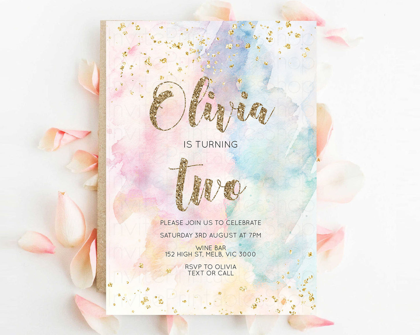 Rainbow Birthday Invitation Glitter Pastel Invitation Colorful Watercolor Gold Foil Splatter Sprinkles Ombre 1st 2nd 3rd Editable Invite 276
