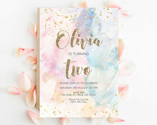 Rainbow Birthday Invitation Glitter Pastel Invitation Colorful Watercolor Gold Foil Splatter Sprinkles Ombre 1st 2nd 3rd Editable Invite 276