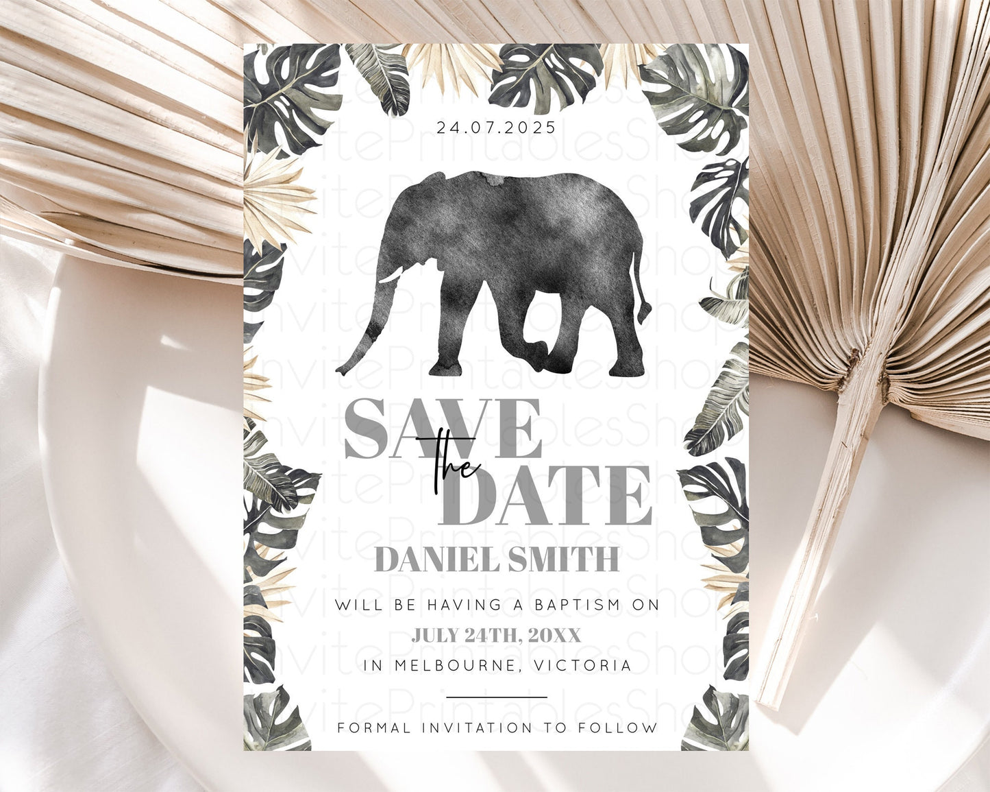 Elephant Save The Date Template Elephant Safari Adventure Party Dried Palm Fern Zoo 1st Birthday Baptism Baby Shower Bridal Shower D10803