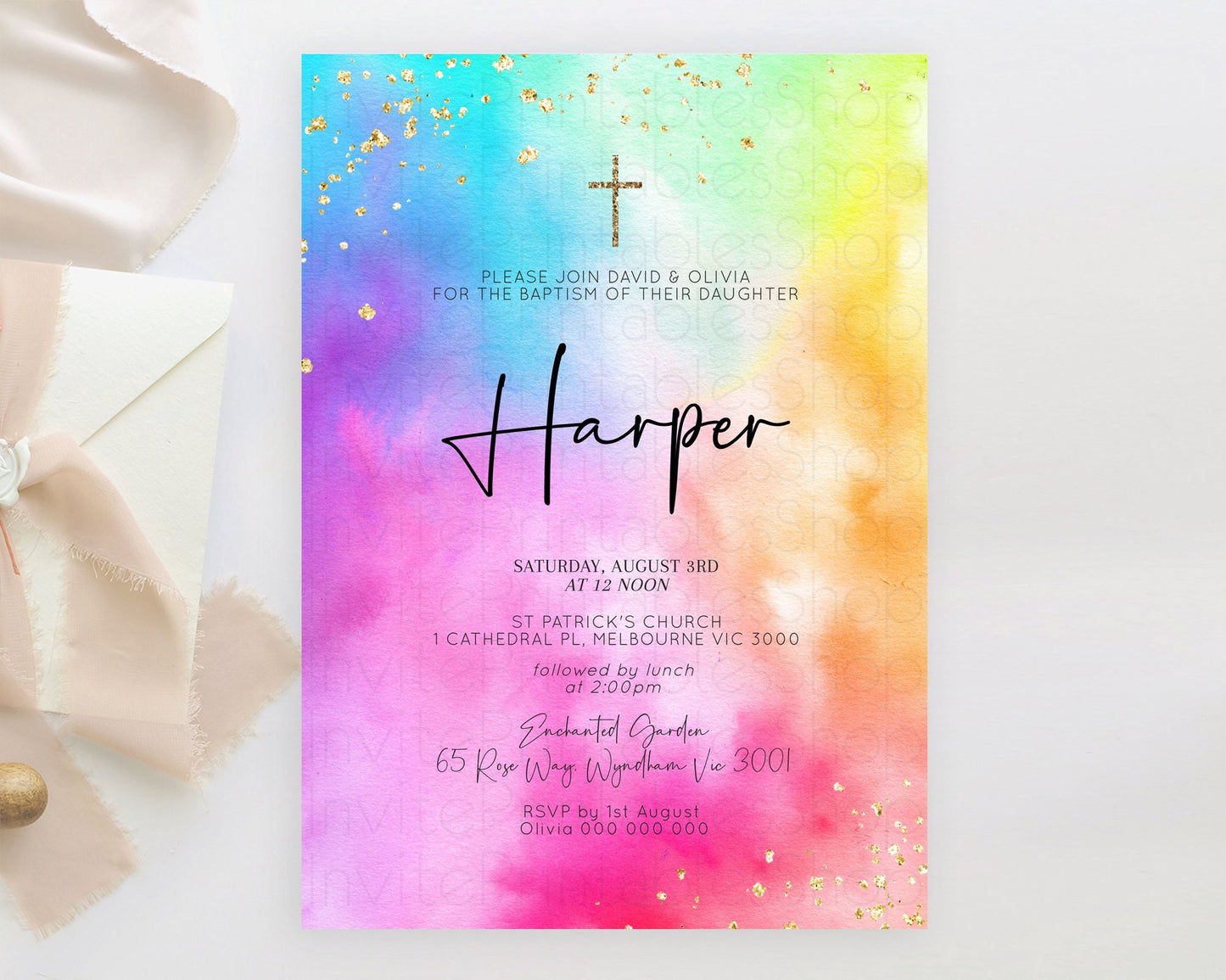 Tie Dye Baptism Invitation Rainbow Baptism 1st Birthday Invitation Pastel Ombre Colorful Christening Invitation Holy Communion D10456