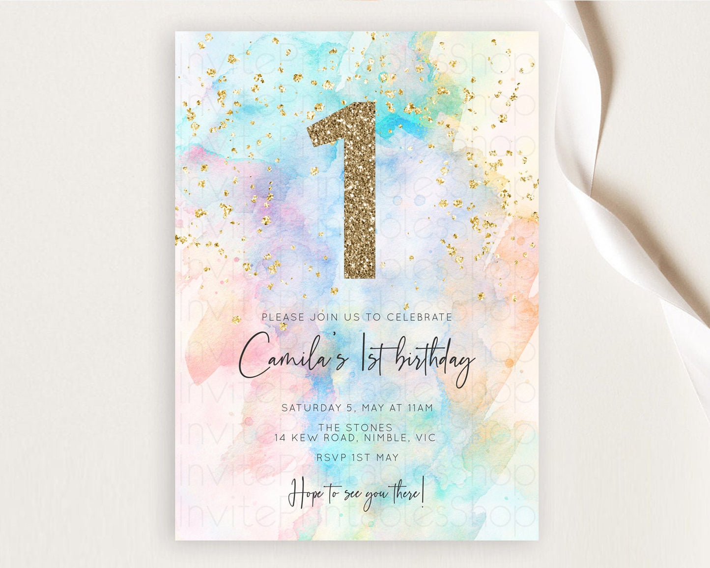 Rainbow Birthday Invitation Colorful Pastel Watercolor Invitation Gold Glitter Sprinkles Ombre Pastel 1st 2nd 3rd Birthday D10260