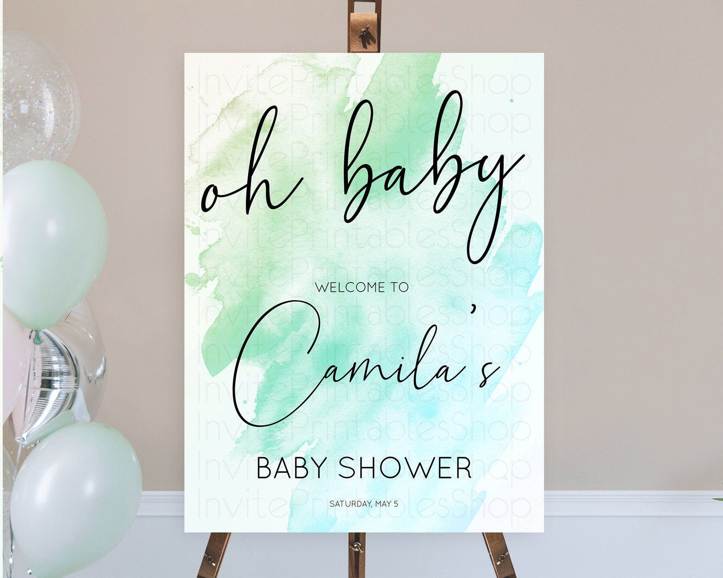 Green Baby Shower Welcome Sign Green Watercolor Welcome Board Pastel Green Party Decor Splash Welcome Poster Green Welcome Board D10166