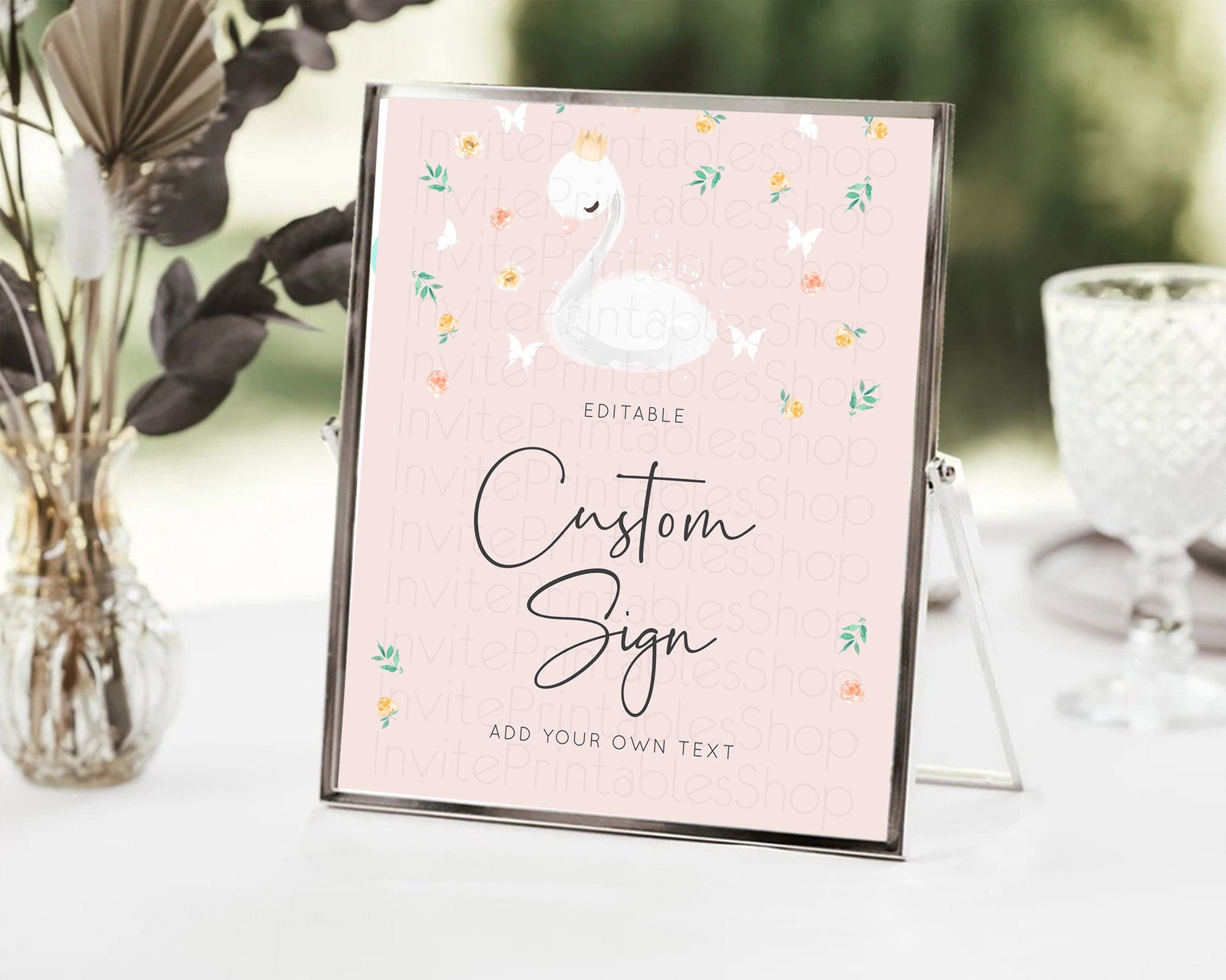 Editable Swan Table Sign Decor Swan Princess Ballet Party Enchanted Swan Lak