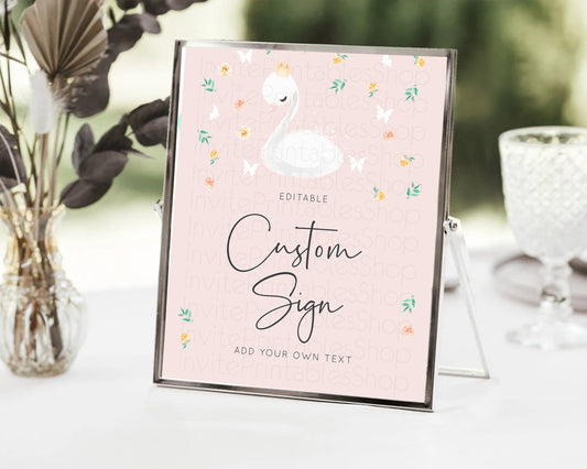Editable Swan Table Sign Decor Swan Princess Ballet Party Enchanted Swan Lak