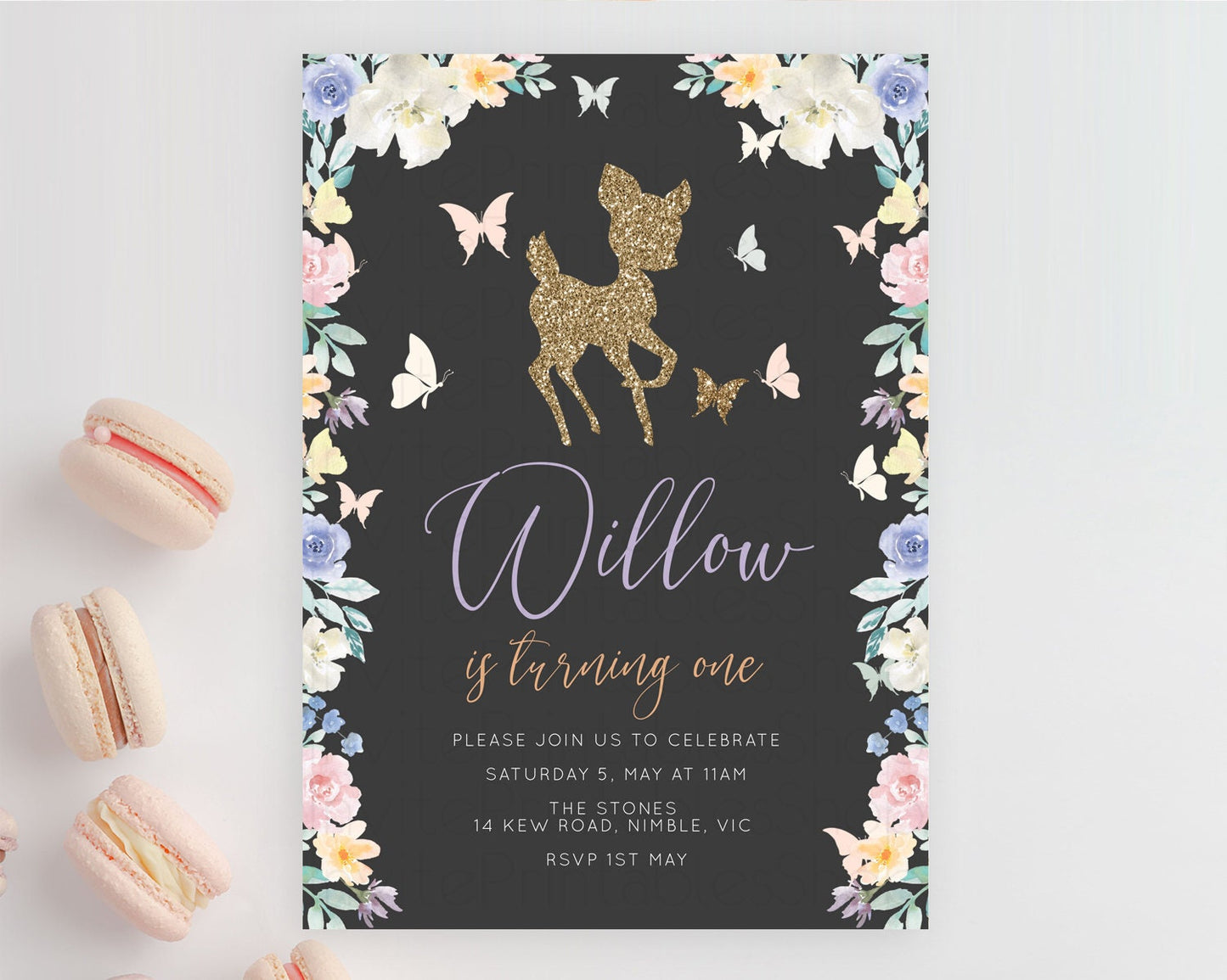 Fawn Birthday Invitation Deer Birthday Invitation Enchanted Forest Party Butterfly Pastel Flowers Whimsical 2nd 1st First Birthday D10323