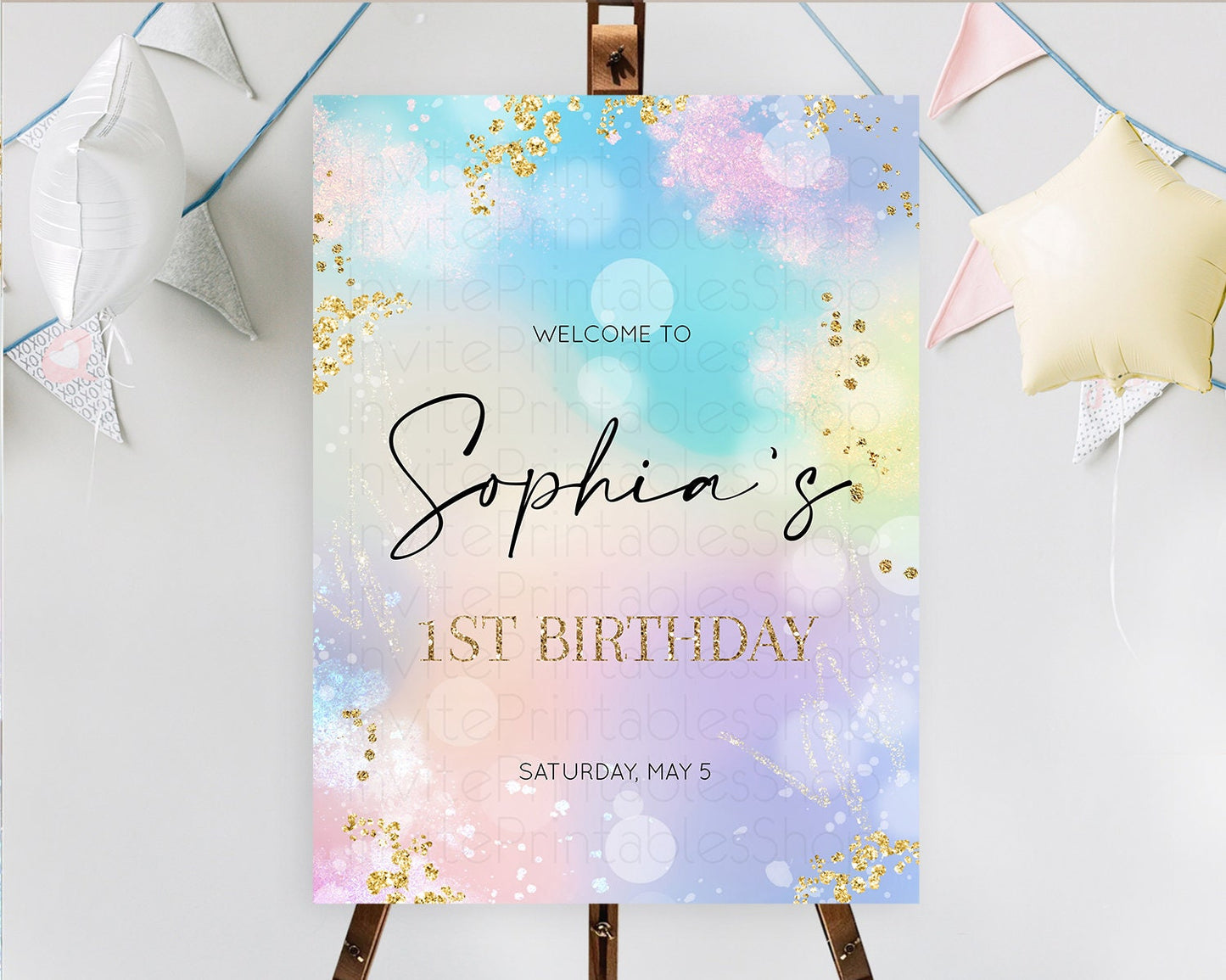 Pastel Welcome Sign Pastel Rainbow Welcome Sign Colorful Rainbow Confetti Watercolor Glitter Pastel First Birthday Welcome Sign D10675