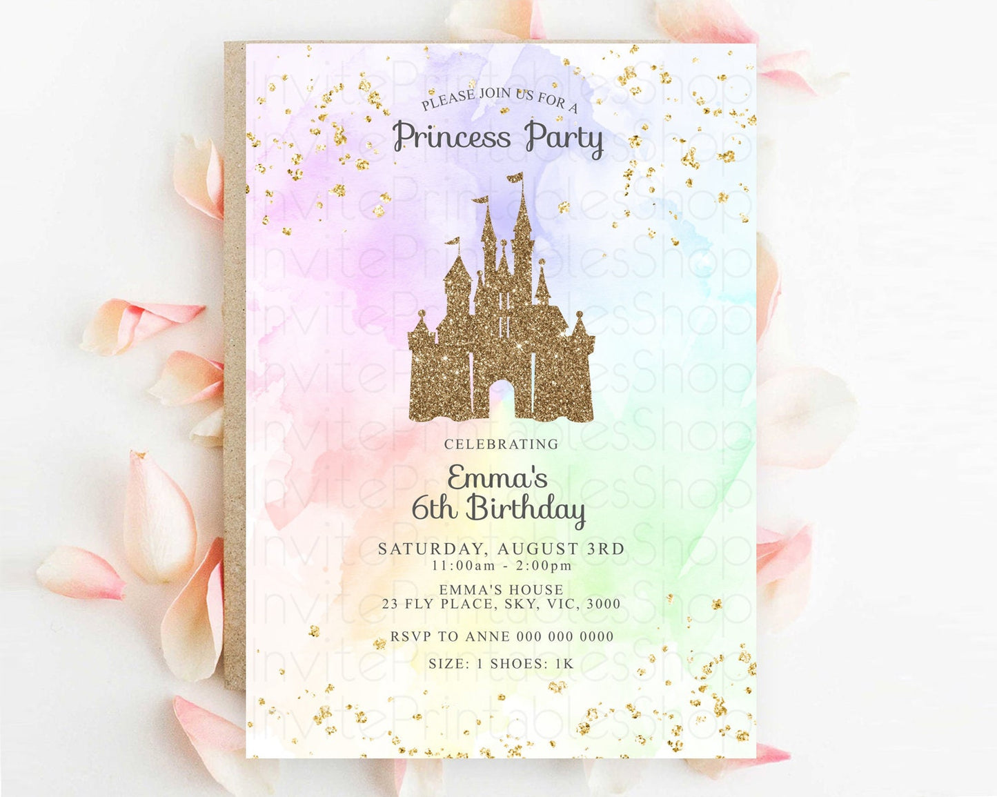 Princess Birthday Invitation Princess Invitation Pastel Invitation Royal Birthday Rainbow Color Enchanted Castle 1st First Birthday D10658