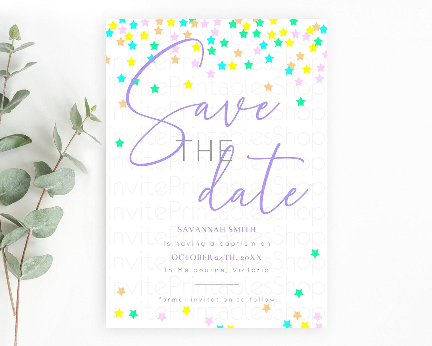 Twinkle Stars Save The Date Template Pastel Twinkle Little Star Party Shooting Star Confetti Sprinkles Birthday Baptism Baby Shower D10394