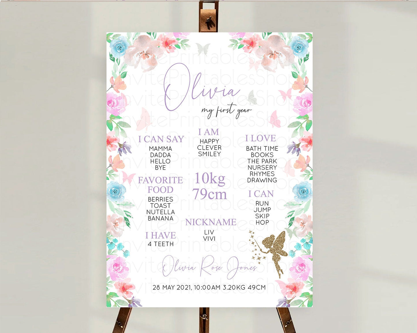 Fairy First Birthday Milestone Poster Fairy Secret Garden Milestone Board Enchanted Garden Pastel Floral Butterfly 1st Birthday Sign D10126