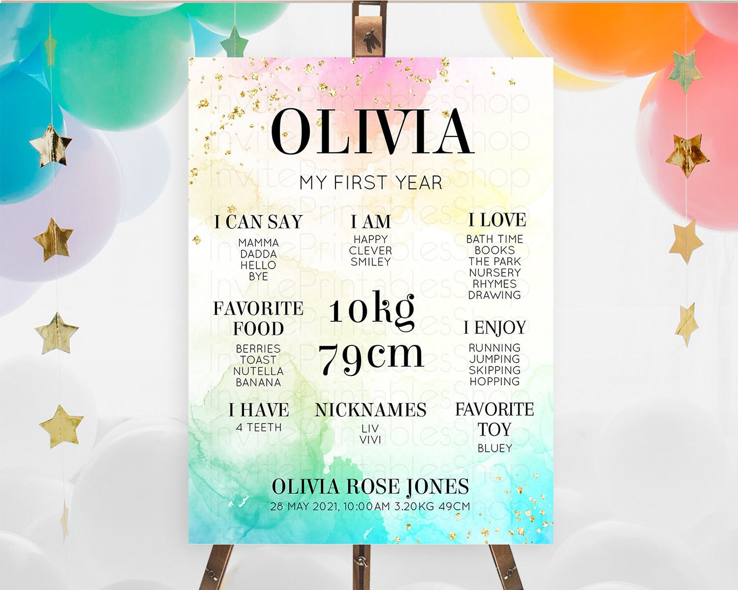 Pastel First Birthday Milestone Board Pastel Rainbow Milestone Poster Colorful Confetti Watercolor Glitter 1st Birthday Welcome Sign D10770