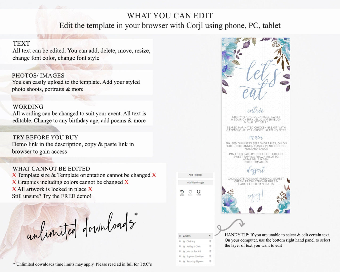 Secret Garden Menu Wildflower Menu Template Pastel Flower Garden Table Decor Boho Floral Dinner Dessert Floral Party Food Menu D10730