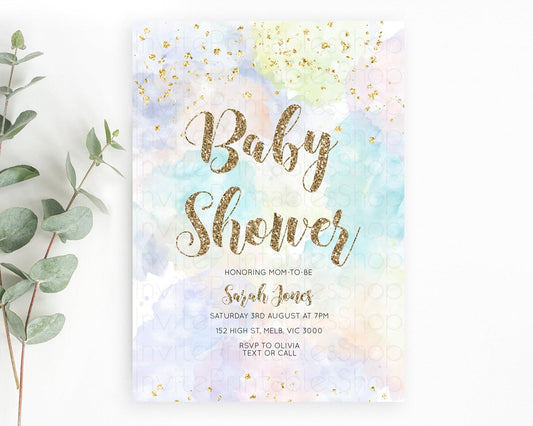 Pastel Baby Shower Invitation Rainbow Baby Shower Invitation Colorful Pastel Watercolor Invitation Gold Glitter Sprinkles Ombre D10614