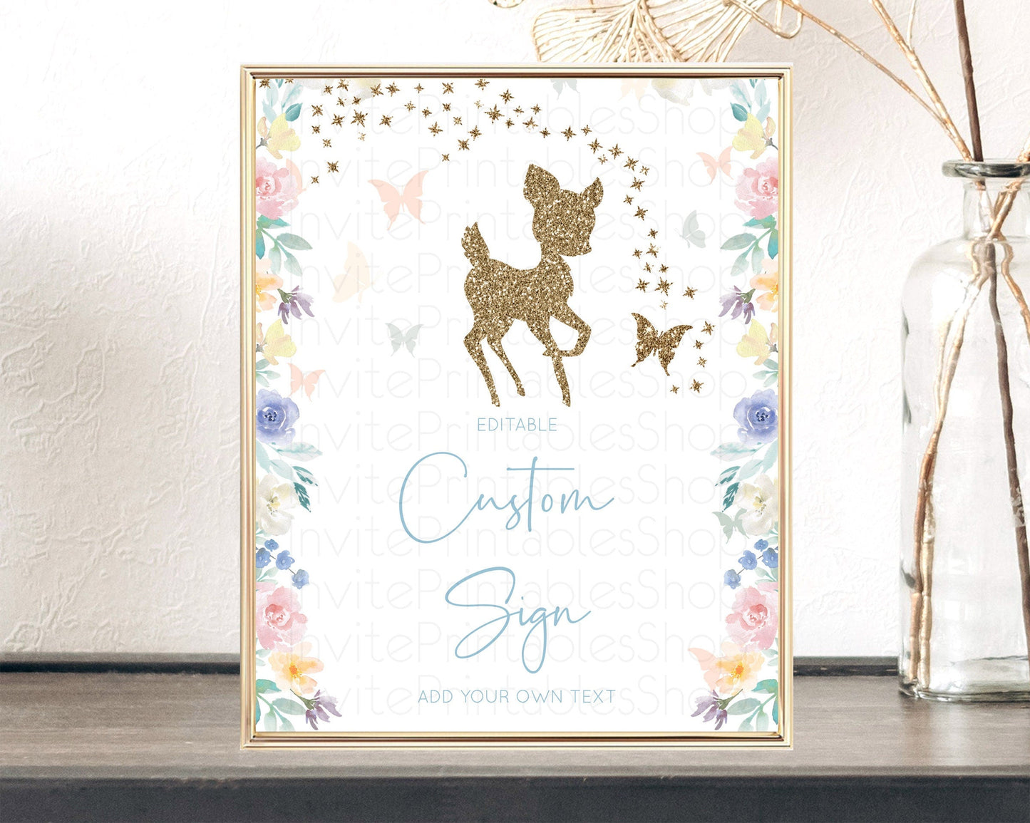 Fawn Deer Sign Pastel Floral Deer Table Sign Decor Enchanted Forest Butterfly Party 1st Birthday Baptism Baby Shower Bridal Shower D10878