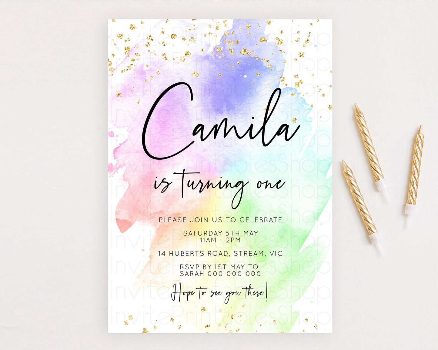 Rainbow Birthday Invitation Colorful Pastel Watercolor Invitation Gold Glitter Sprinkles Ombre Pastel 1st 2nd 3rd Birthday D10316