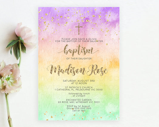 Pastel Baptism Invitation Pastel Colors Watercolor Baptism 1st Birthday Party Gold Ombre Pastel Rainbow Christening Holy Communion D10512