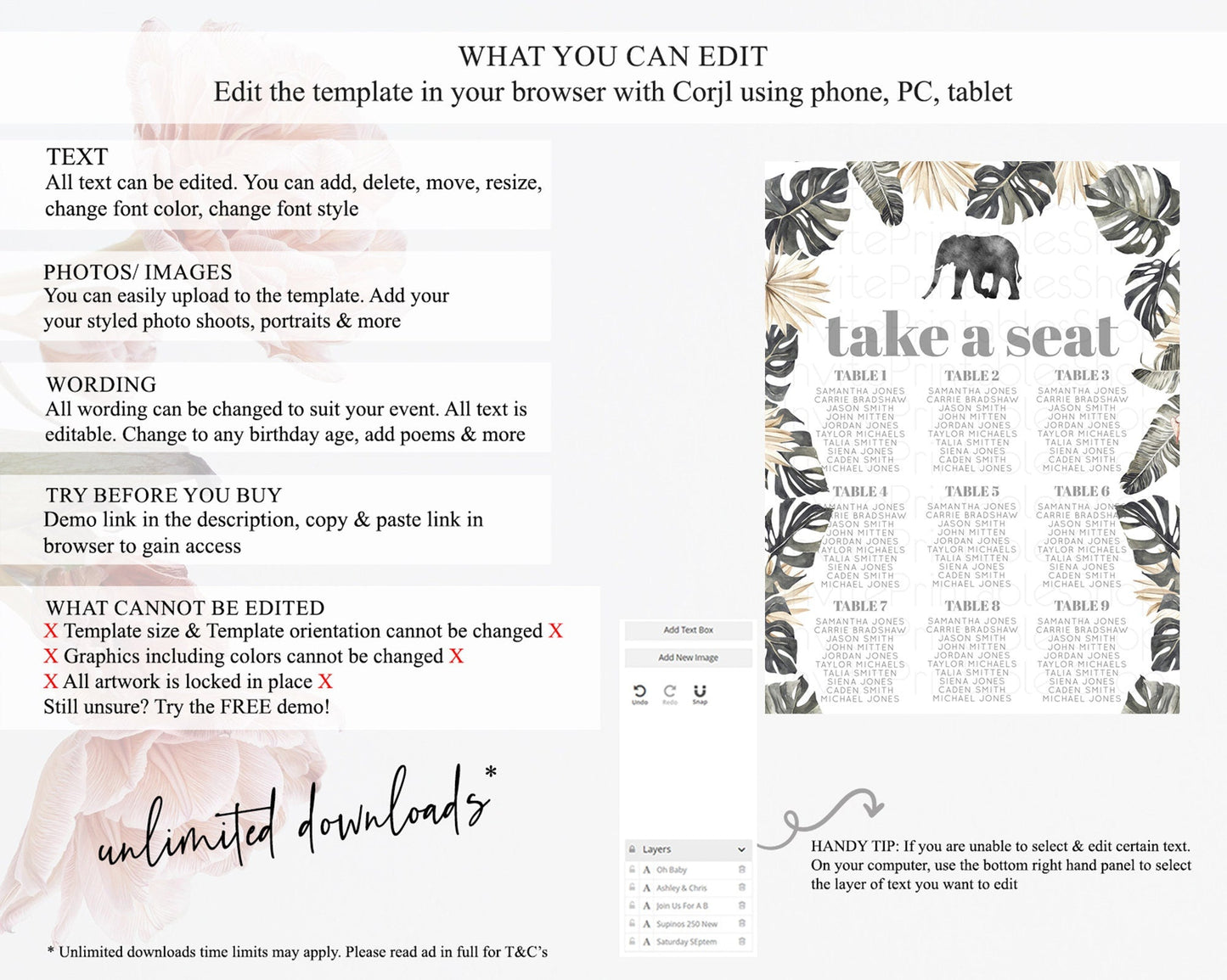 Elephant Seating Chart Elephant Seating Sign Elephant Party Safari Adventure Elephant Take A Seat Elephant Decor Zoo Fern Palm Leaf D10803