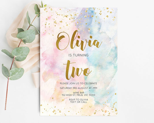 Rainbow Birthday Invitation Colorful Watercolor Gold Glitter Sprinkles Ombre Pastel Invitation 1st 2nd 3rd Printable Editable Invite 276